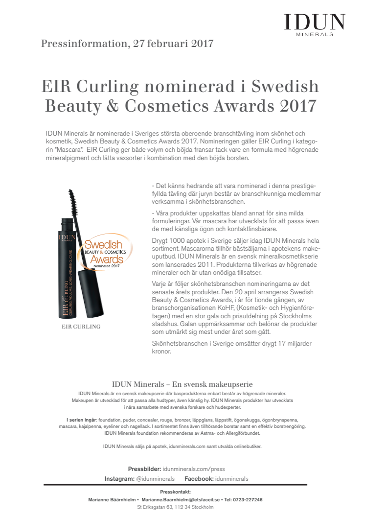 EIR Curling nominerad i Swedish Beauty & Cosmetics Awards 2017