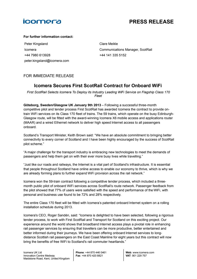 Icomera Secures First ScotRail Contract for Onboard WiFi