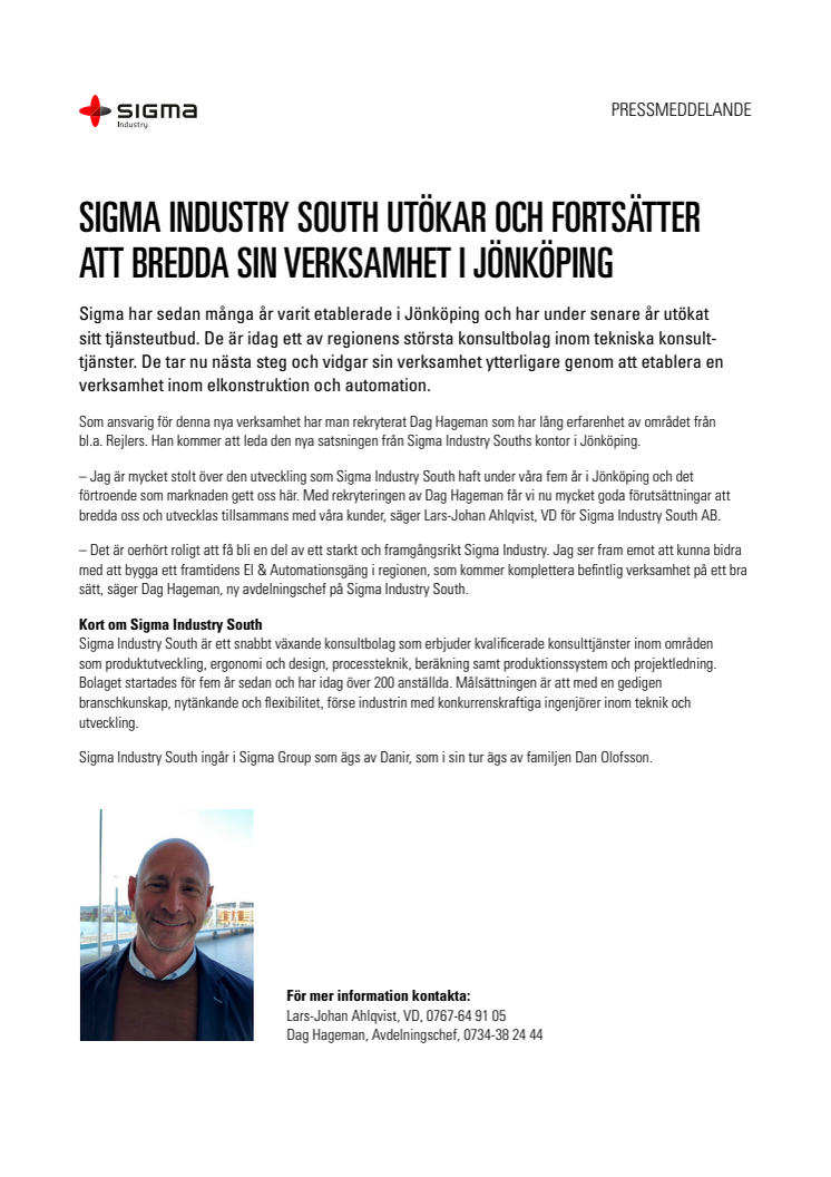 Sigma Industry South utökar och fortsätter att bredda sin verksamhet i Jönköping