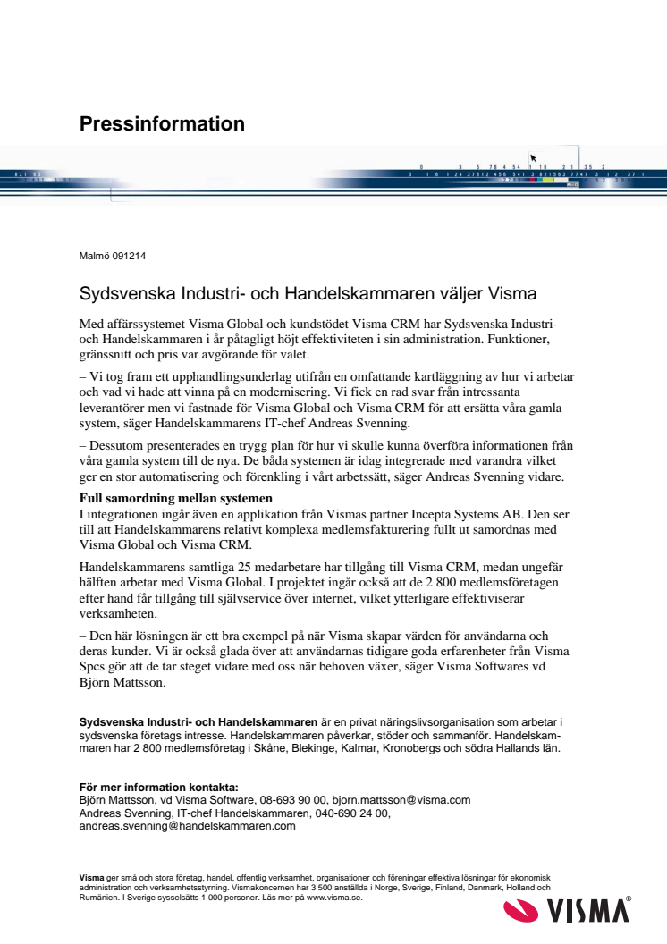 Sydsvenska Industri- och Handelskammaren väljer Visma