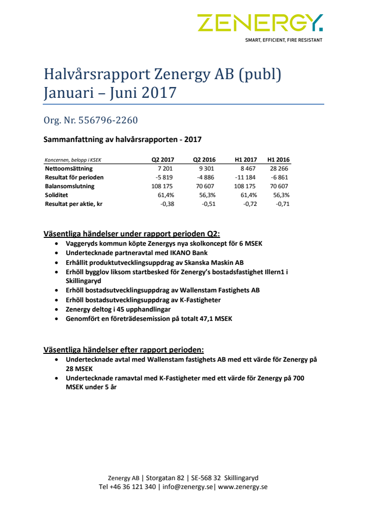 Halvårsrapport Zenergy AB (publ) januari – juni 2017