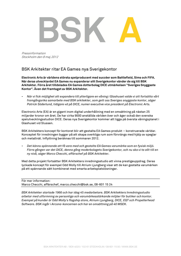 BSK Arkitekter ritar EA Games nya Sverigekontor