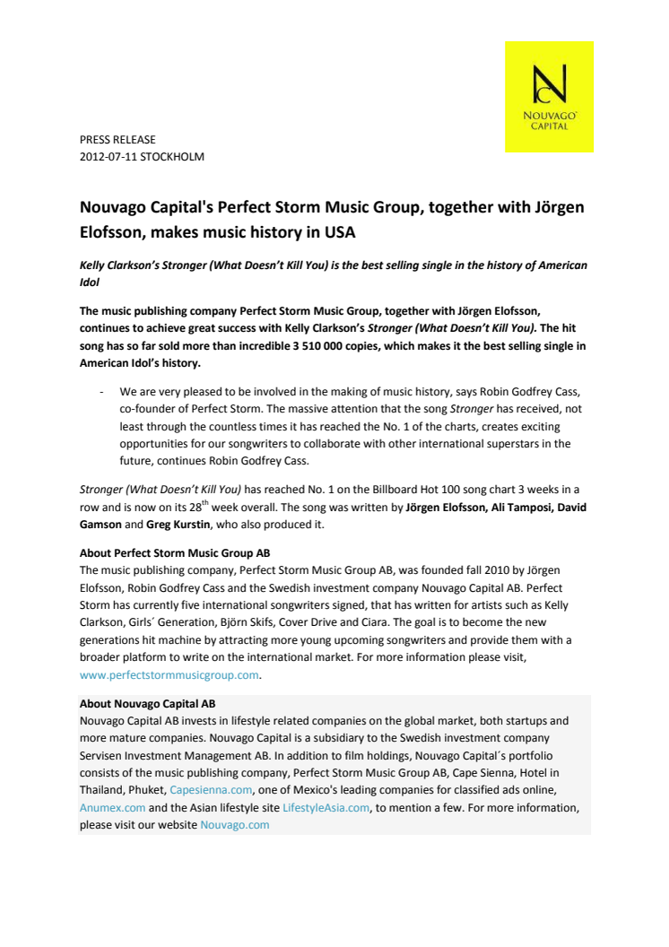 Nouvago Capital together with Jörgen Elofsson makes music history in USA