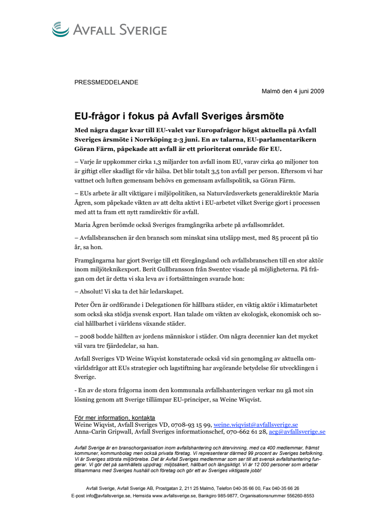 EU-frågor i fokus på Avfall Sveriges årsmöte