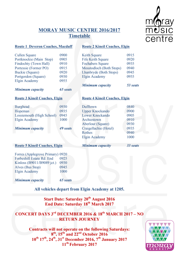 Moray Music Centre Bus Time Table 2016-17