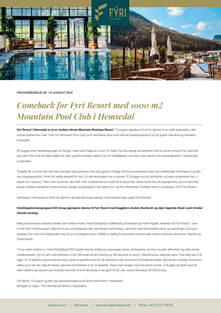 Comeback for Fyri Resort med 1 000 m2 Mountain Pool Club