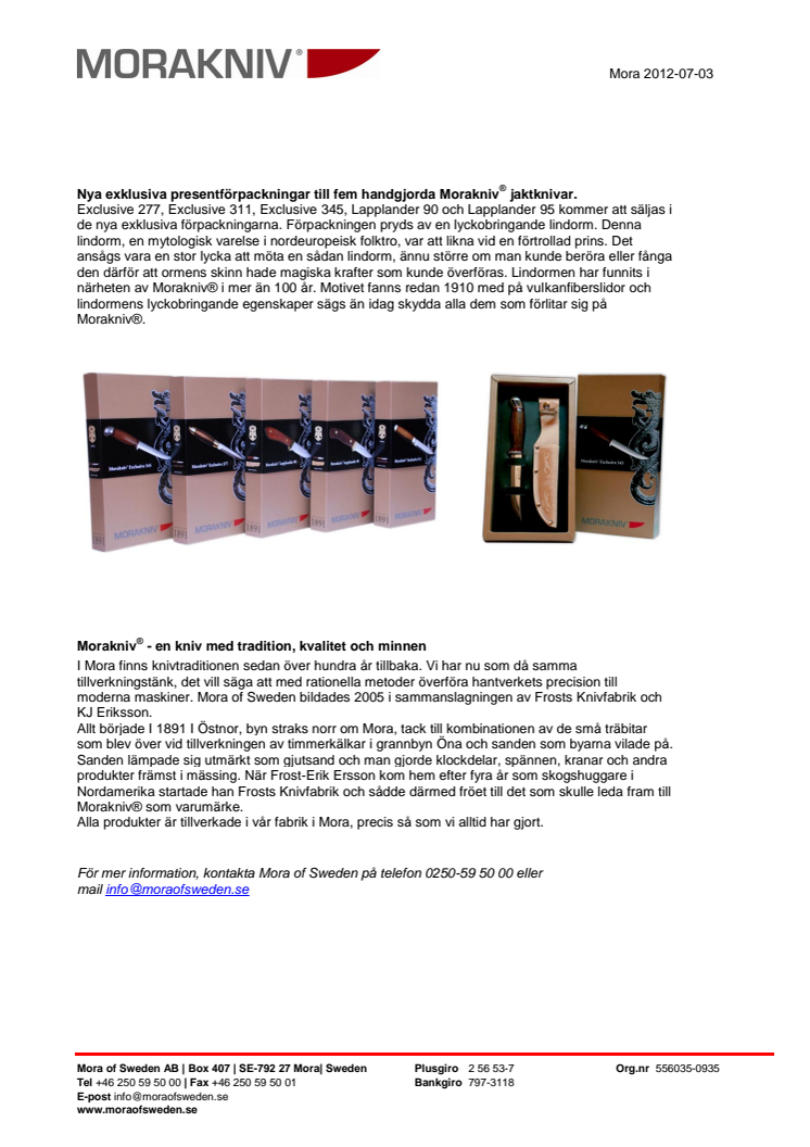 Nya exklusiva presentförpackningar till fem handgjorda Morakniv® jaktknivar.