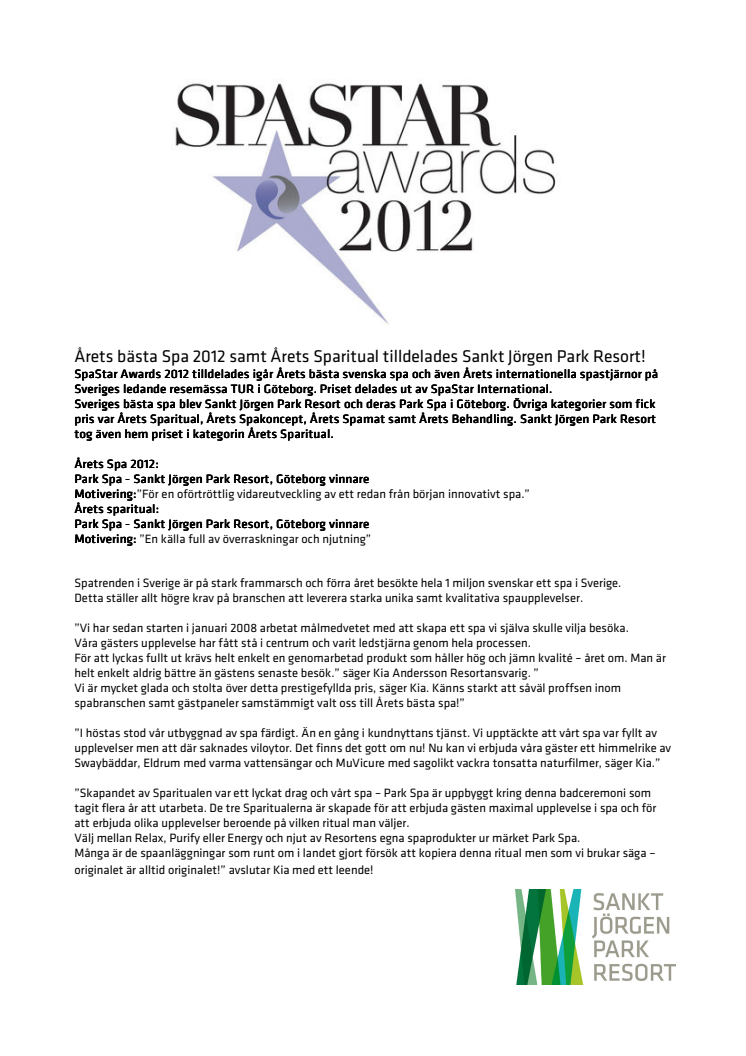 Årets bästa Spa 2012 samt Årets Sparitual tilldelades Sankt Jörgen Park Resort!
