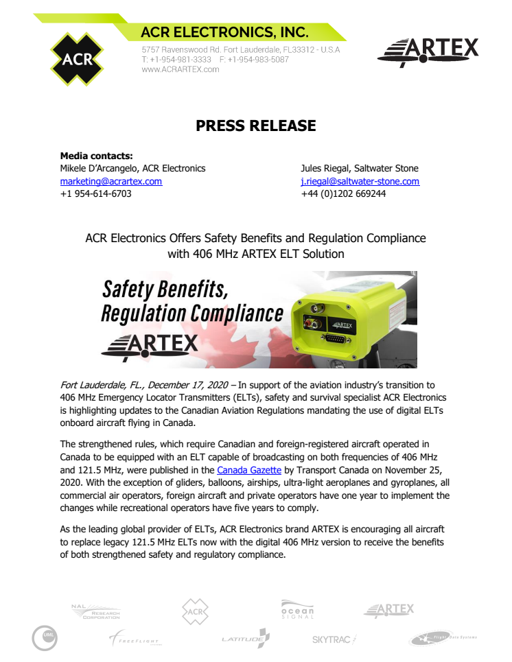 ACR Electronics Offers Safety Benefits and Regulation Compliance with 406 MHz ARTEX ELT Solution