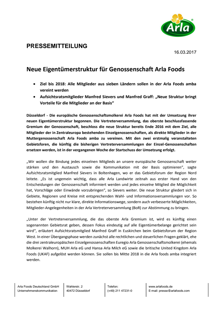 Neue Eigentümerstruktur für Genossenschaft Arla Foods