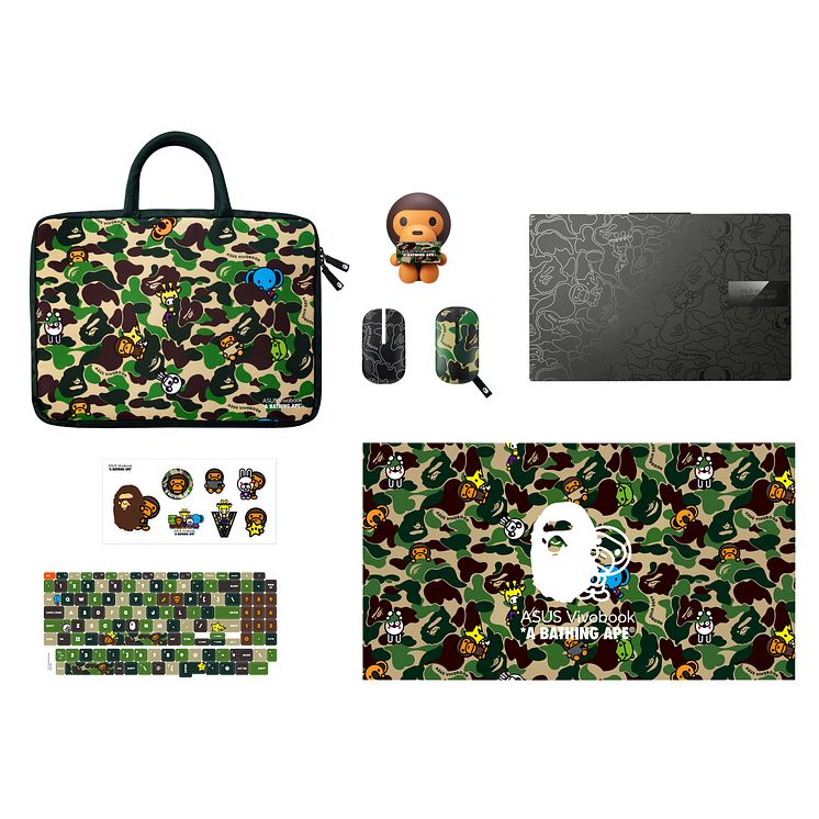 Vivobook S 15 OLED BAPE Edition_Green Camo Bundle with Black Laptop_ overlooking view of black laptops and green camo bundle