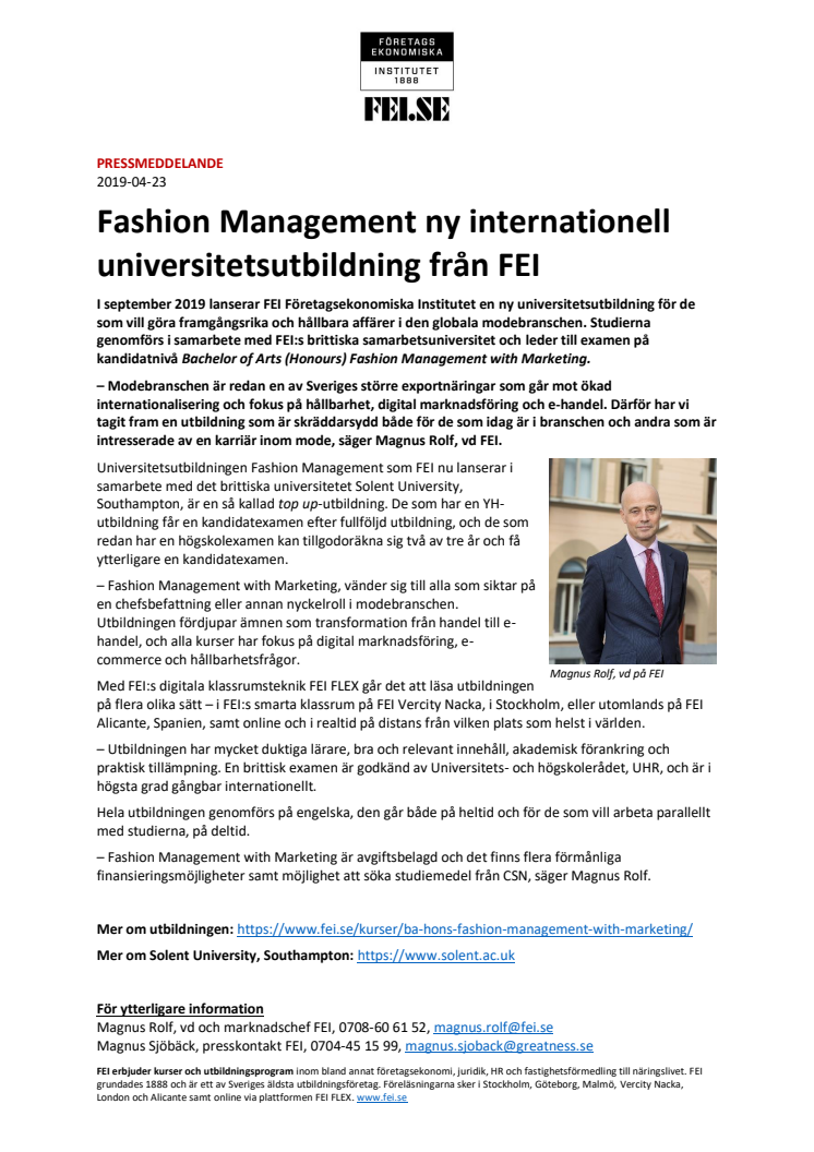Fashion Management ny internationell universitetsutbildning från FEI 