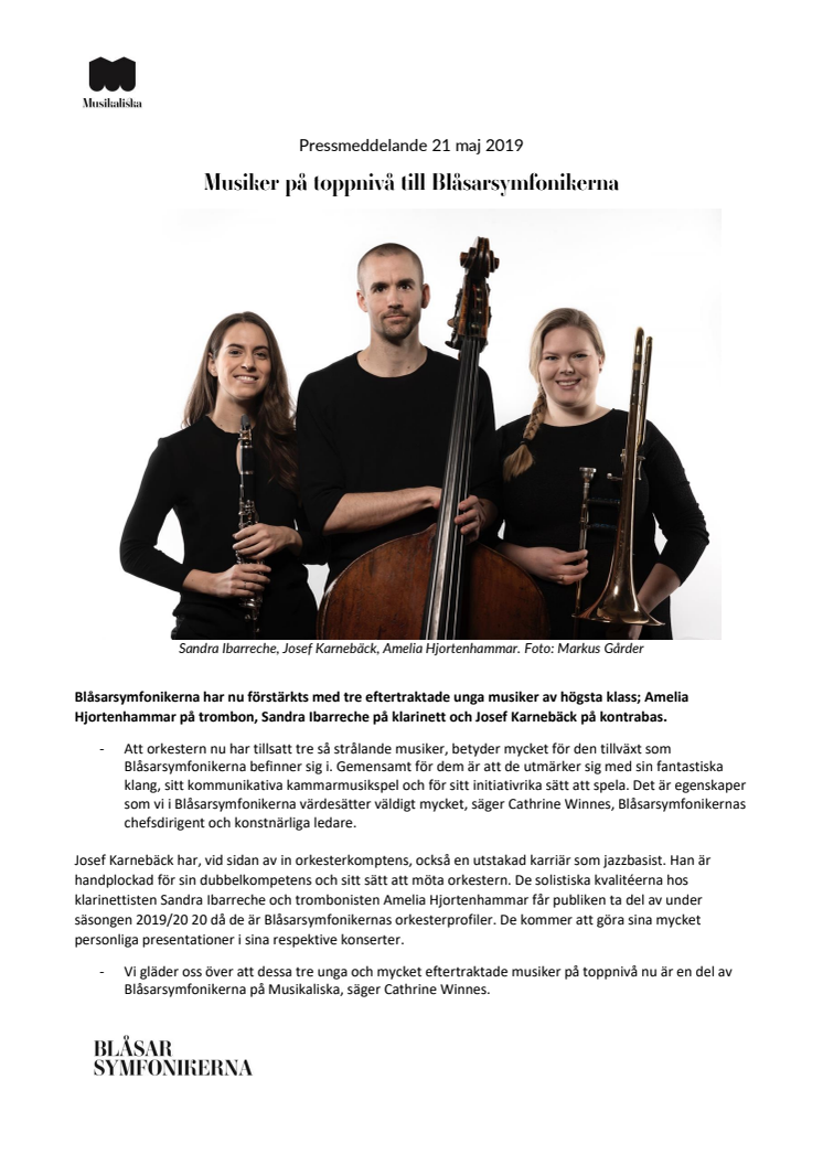 Musiker på toppnivå till Blåsarsymfonikerna