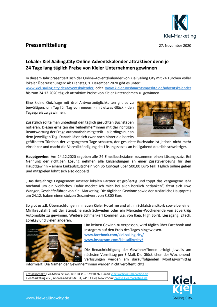 Kiel.Sailing.City Online-Adventskalender mit Gewinnen lokaler Partner