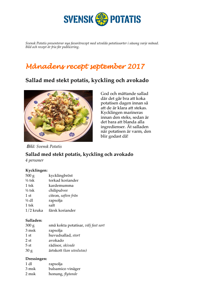 Månadens recept september - Sallad med stekt potatis, kyckling och avokado
