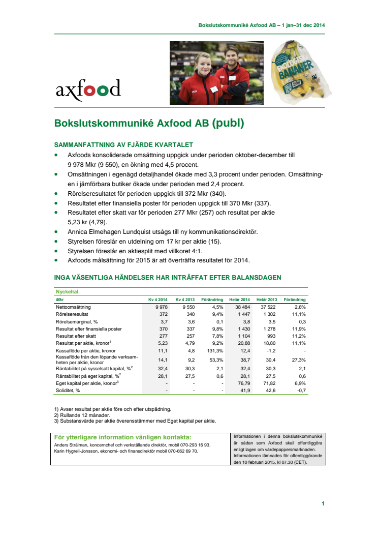 Bokslutskommuniké Axfood AB 1 jan-31dec 2014