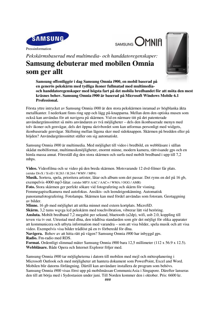 Samsung debuterar med mobilen Omnia som ger allt