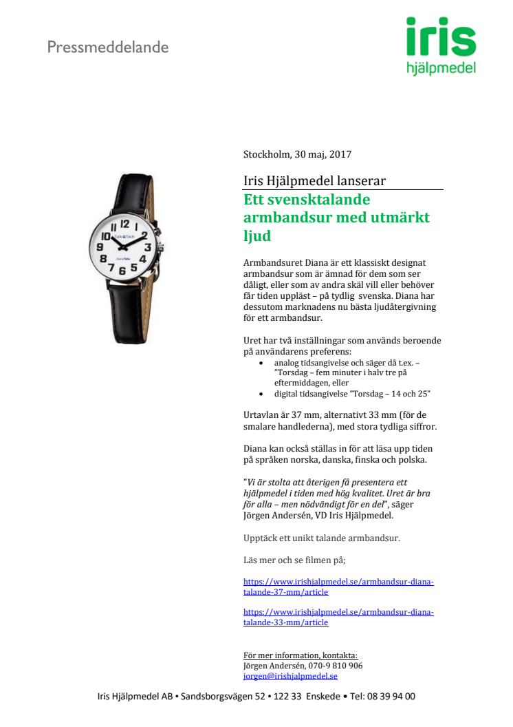Iris Hjälpmedel lanserar: Diana, ett svensktalande armbandsur med utmärkt ljud