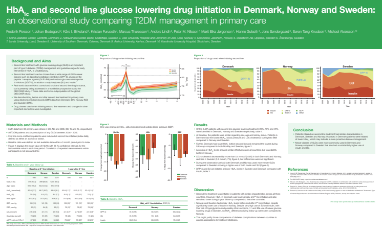 Poster: Nordic DISCOVER observationsstudie presenterad på EASD 160914. HbA1c and second line glucose lowering drug initiation in Denmark, Norway and Sweden: an observational study comparing type 2 diabetes mellitus management in primary care