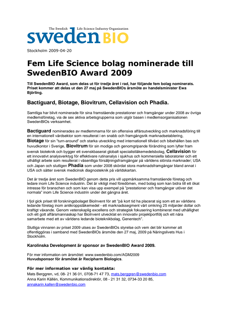 Fem Life Science bolag nominerade till SwedenBIO Award 2009