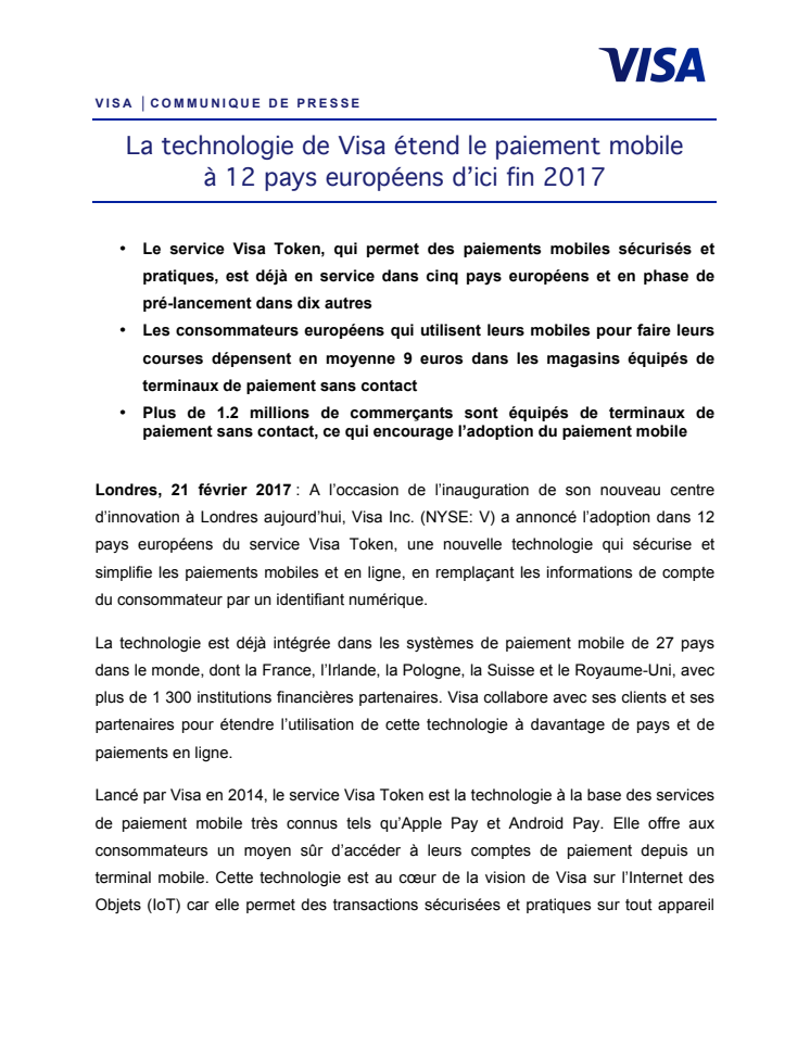 La technologie de Visa étend le paiement mobile  à 12 pays européens d’ici fin 2017