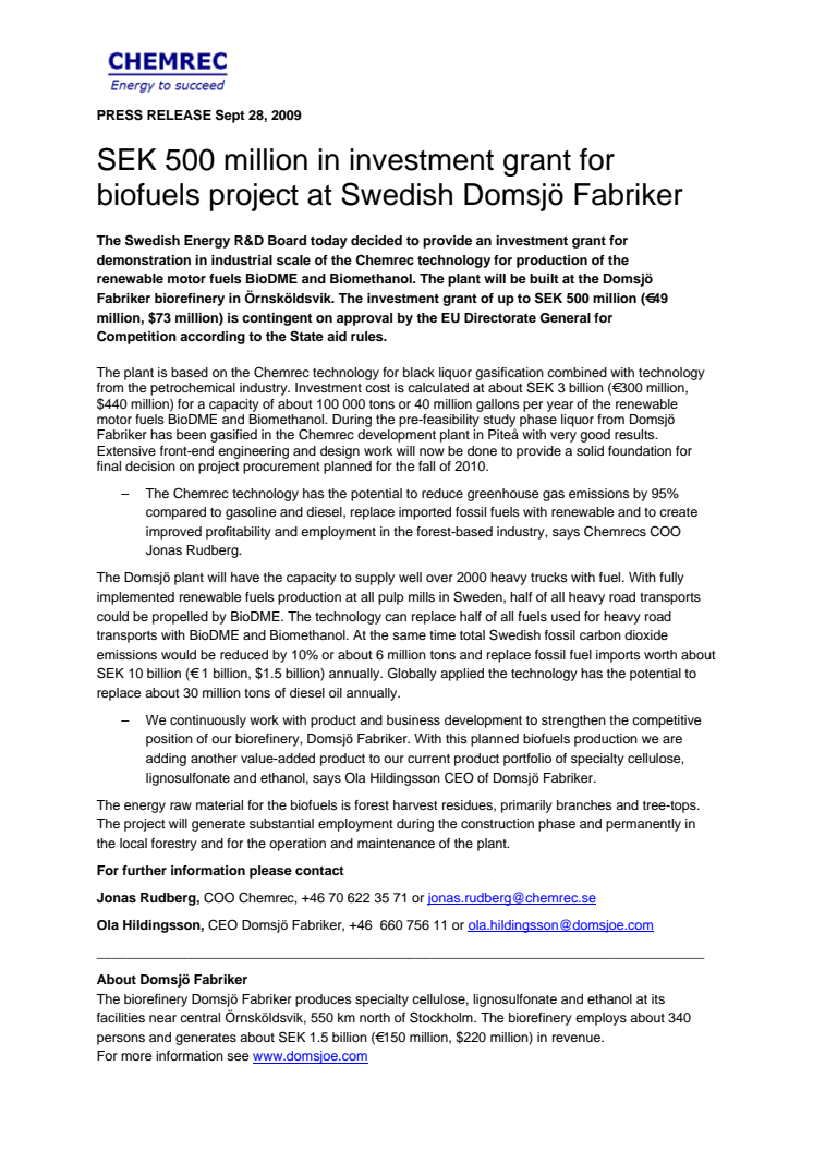 SEK 500 million in investment grant for biofuels project at Swedish Domsjö Fabriker