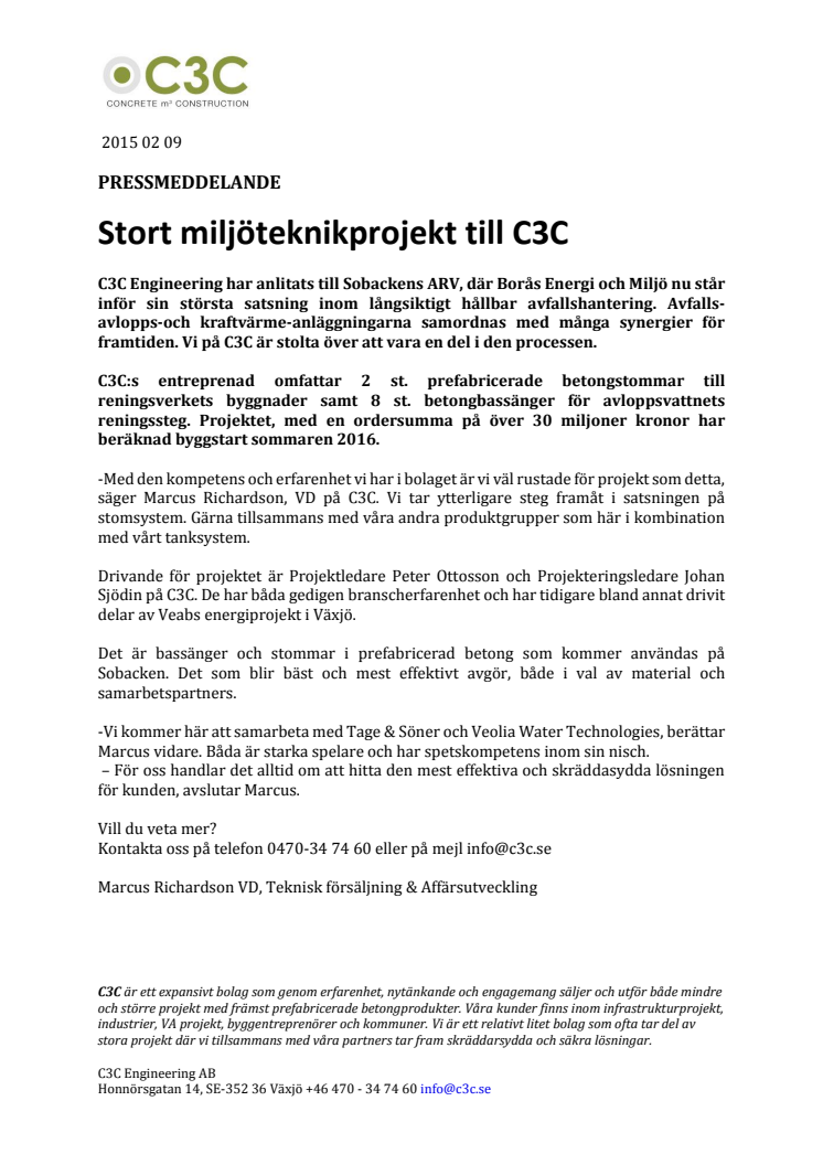 Stort miljöteknikprojekt till C3C