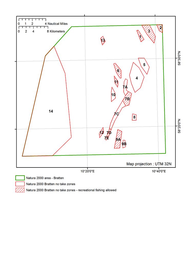 Karta över de områden i Bratten där allt yrkesfiske är förbjudet