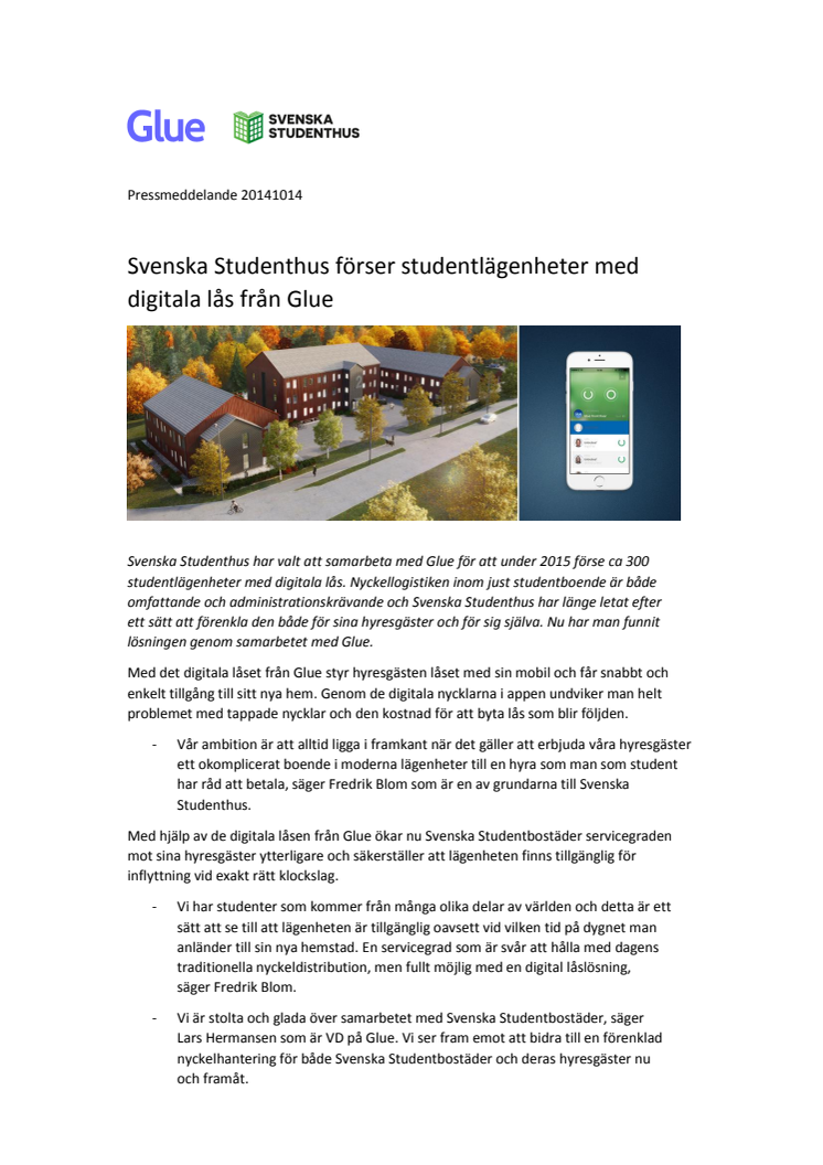 Svenska Studenthus förser studentlägenheter med digitala lås från Glue