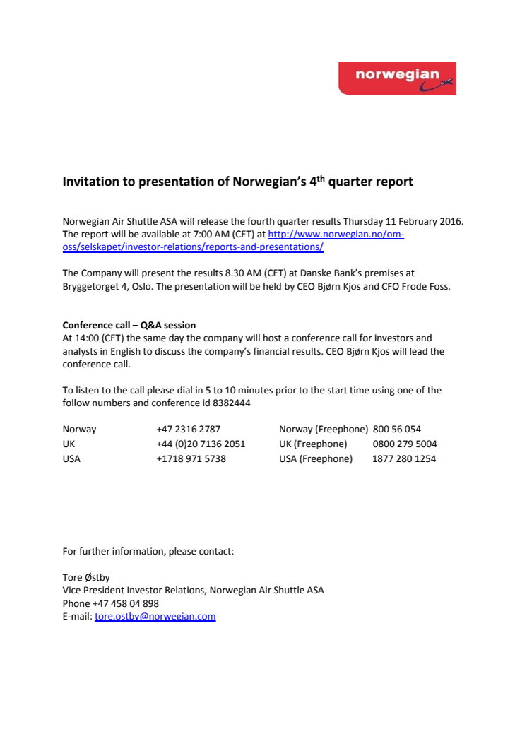 Invitation to presentation of Norwegian’s 4th quarter report