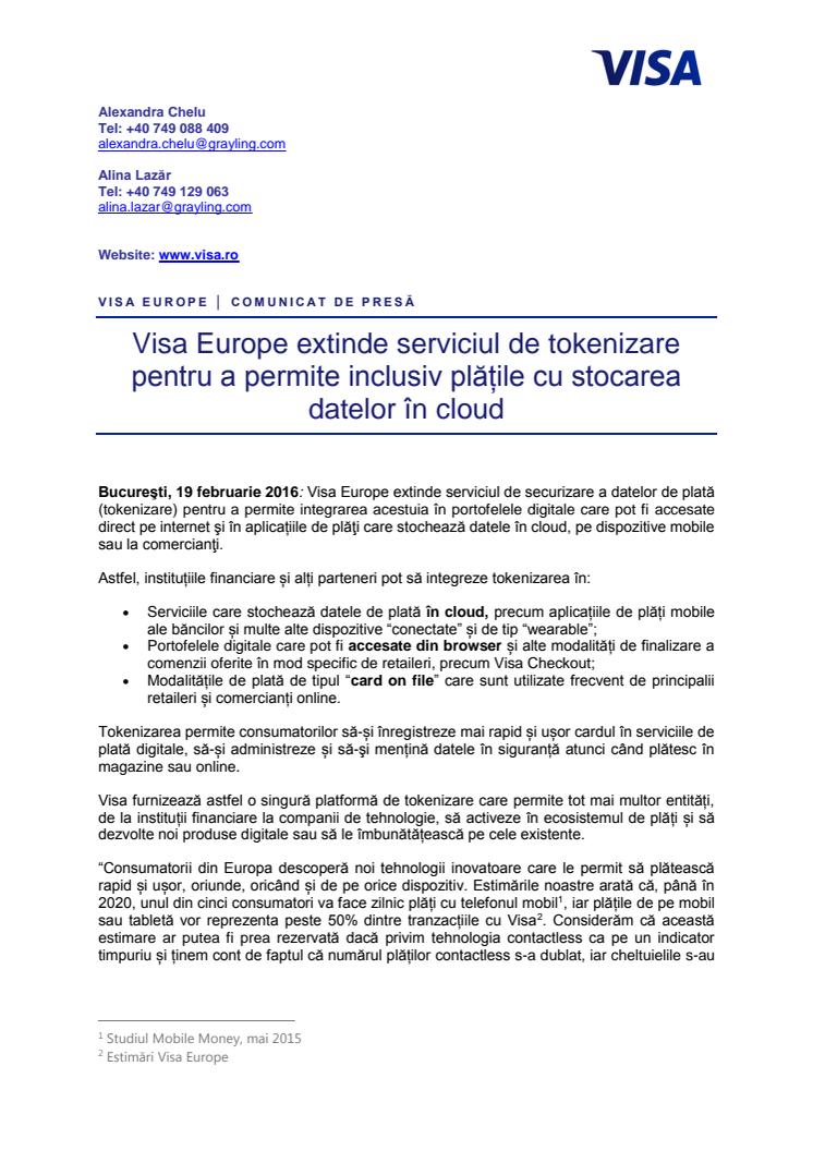 Visa Europe extinde serviciul de tokenizare pentru a permite inclusiv plățile cu stocarea datelor în cloud