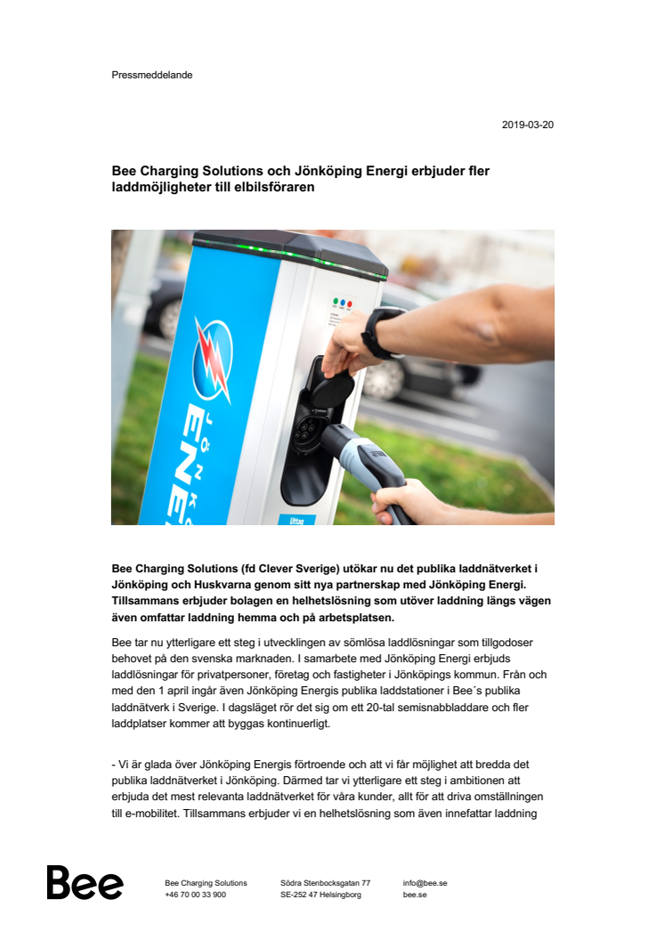 Bee Charging Solutions och Jönköping Energi erbjuder fler laddmöjligheter till elbilsföraren 