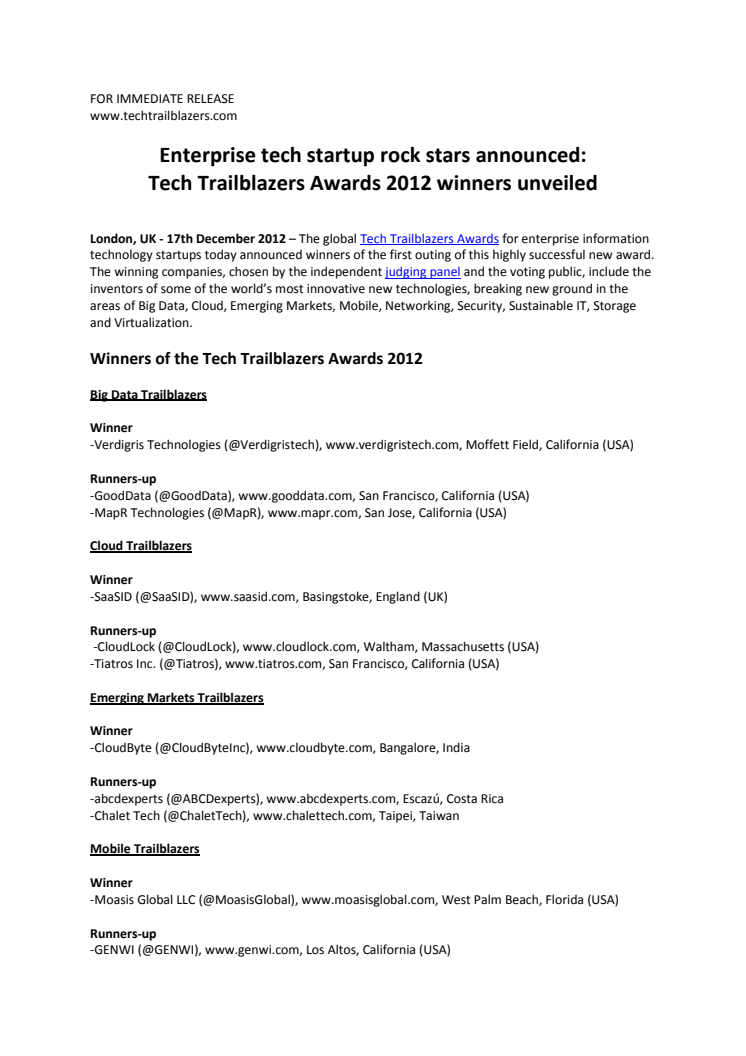 Enterprise tech startup rock stars announced: Tech Trailblazers Awards 2012 winners unveiled 