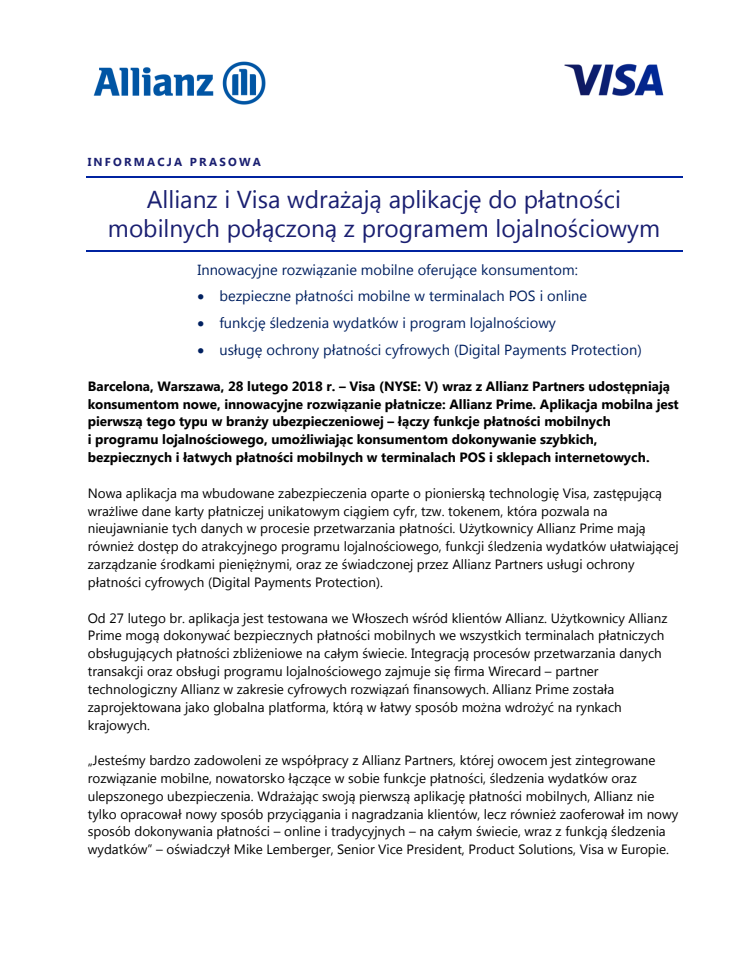 Allianz i Visa wdrażają aplikację do płatności mobilnych połączoną z programem lojalnościowym