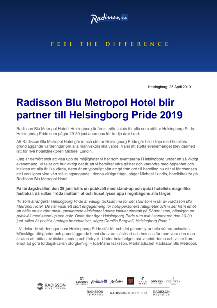Radisson Blu Metropol Hotel blir partner till Helsingborg Pride 2019