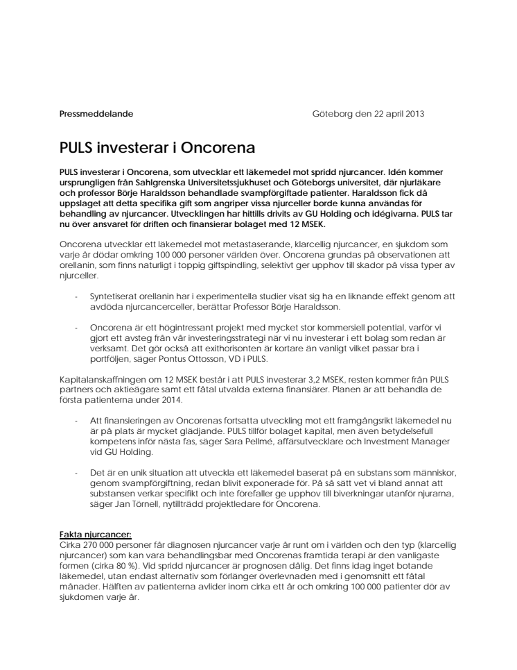 PULS investerar i Oncorena 