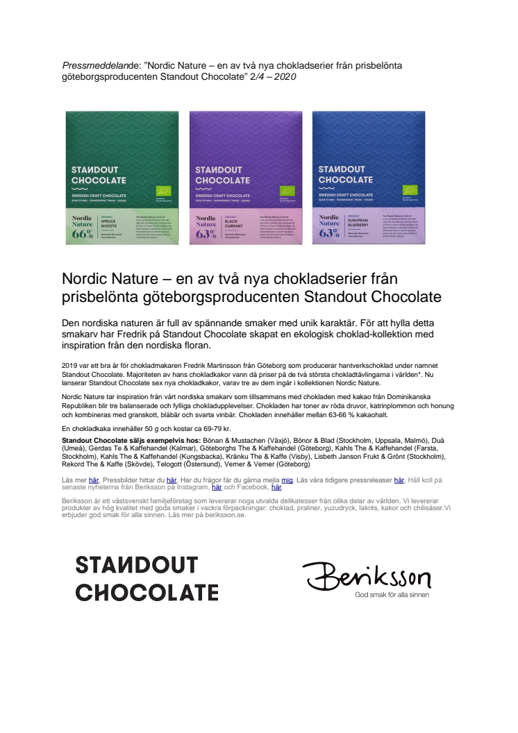 Nordic Nature – ny chokladkollektion från prisbelönade göteborgsproducenten Standout Chocolate