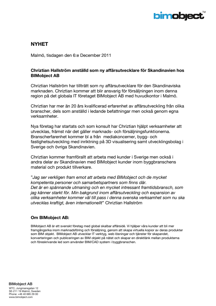Chriztian Hallström tillträder som affärsutvecklare för Skandinavien hos BIMobject AB