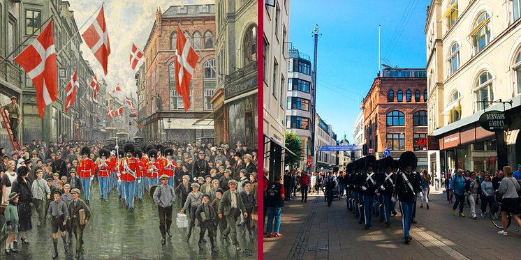 Den Kongelige Livgarde på Strøget i København i 1925 og 2017