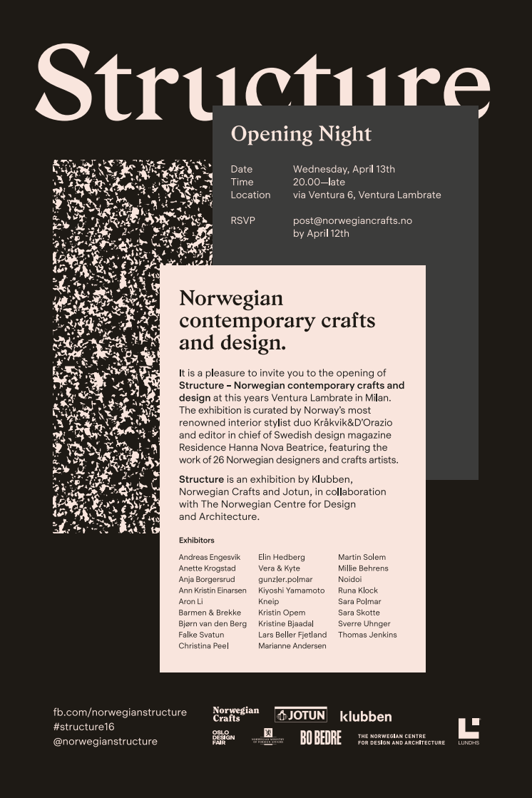 INVITASJON:  STRUCTURE - Norwegian contemporary crafts and design  - Opening Night 14. April 2016