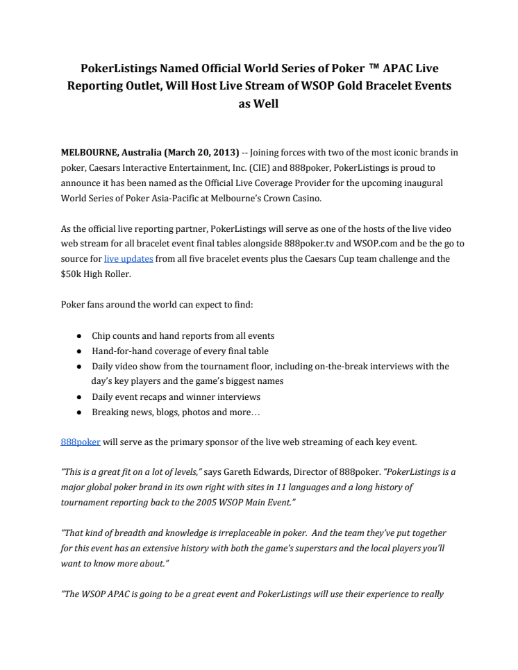 PokerListings Named Official World Series of Poker APAC Live Reporting Outlet
