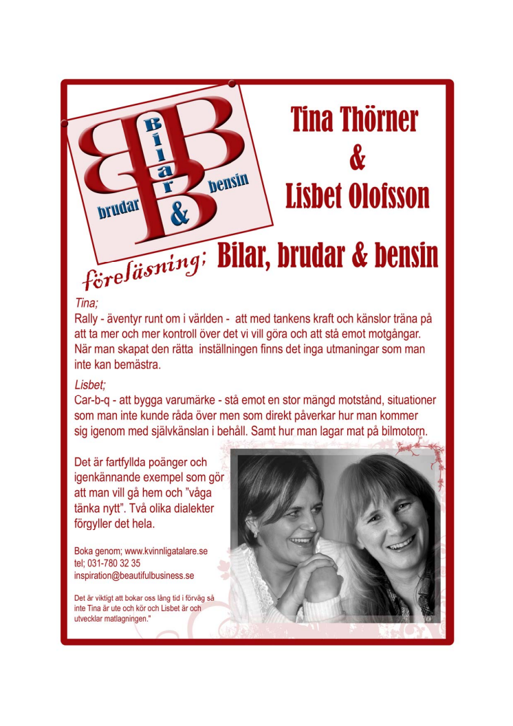 Bilar, brudar & bensin - Tina Thörner & Lisbet Olofsson - ny föreläsning
