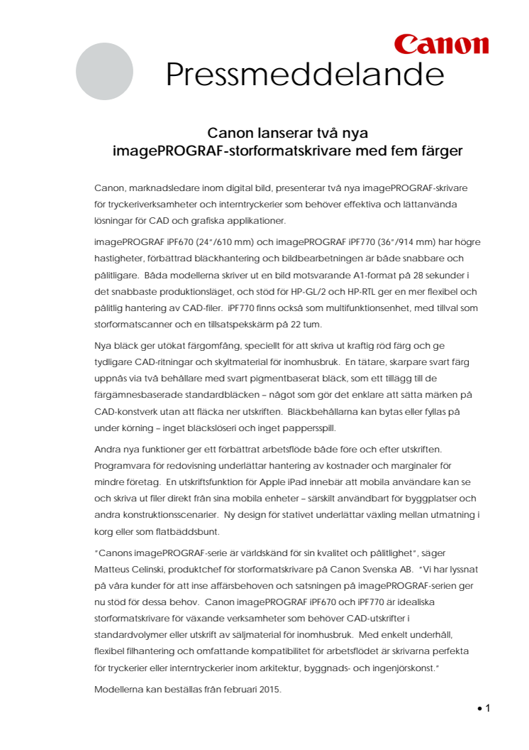 Canon lanserar två nya imagePROGRAF storformatskrivare med fem färger 