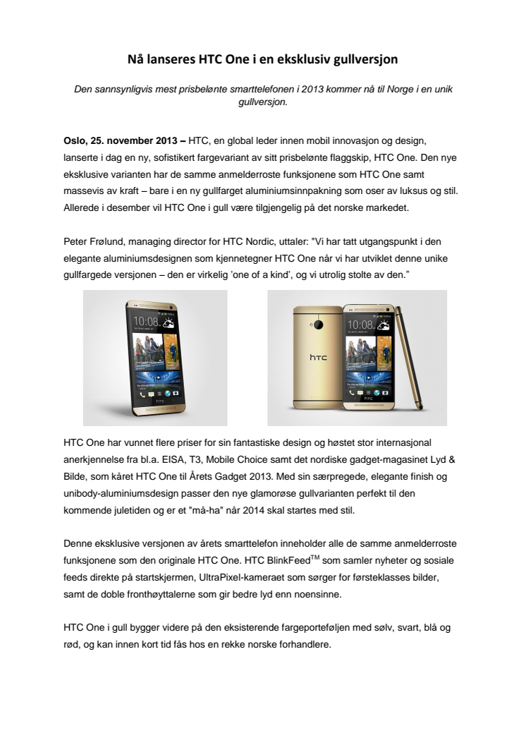 Nå lanseres HTC One i en eksklusiv gullversjon