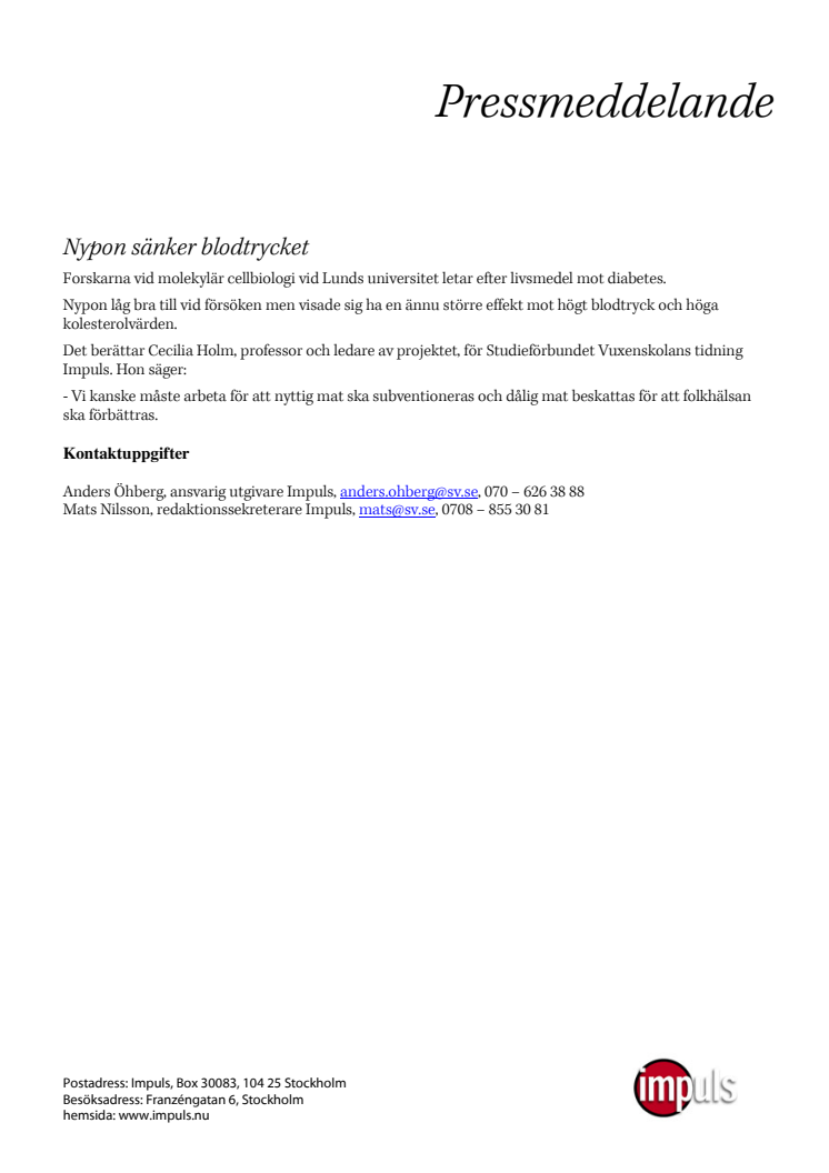 Nypon sänker blodtrycket
