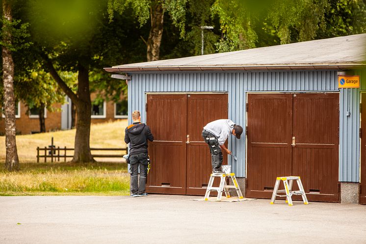 Minibovärdar målar garage