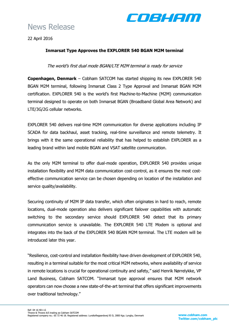 Cobham SATCOM: Inmarsat Type Approves the EXPLORER 540 BGAN M2M Terminal