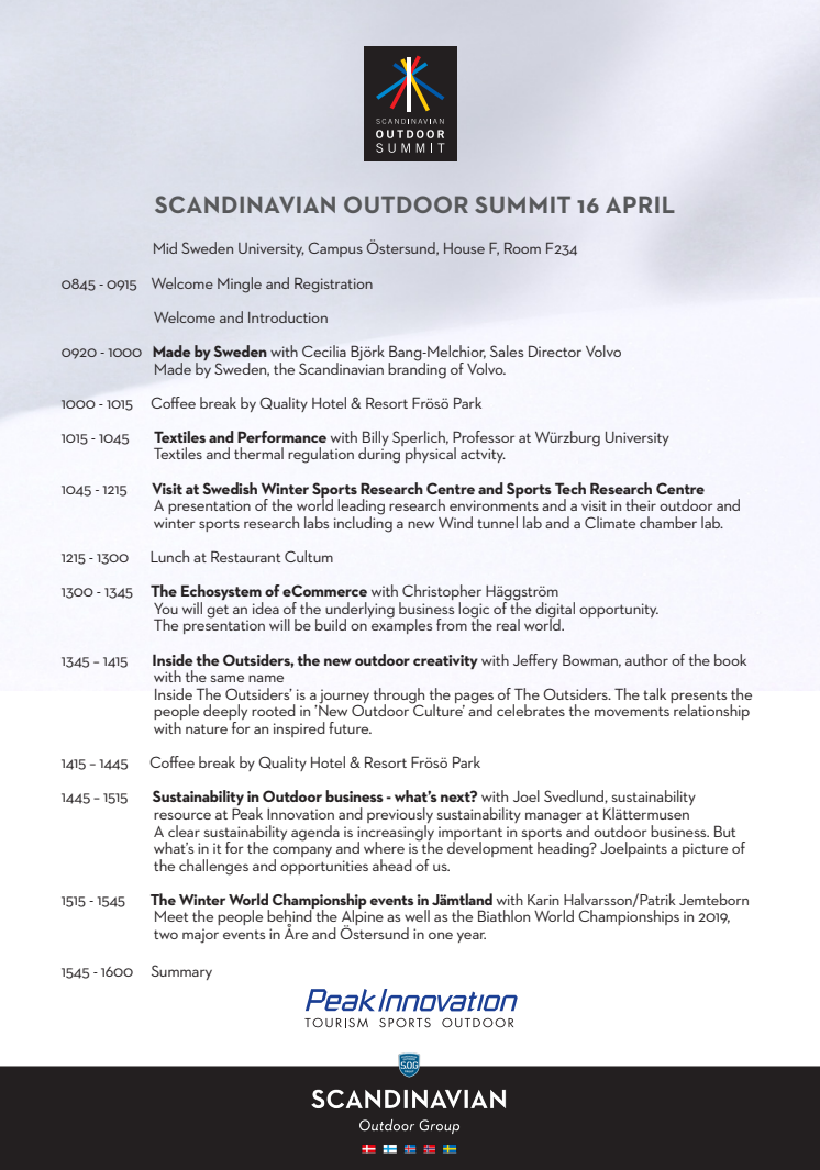 Program Scandinavian Outdoor Summit 16 april 2015
