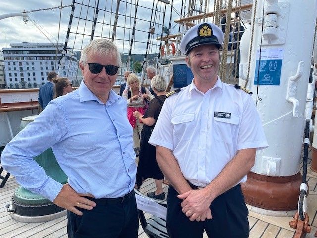 Kongsberg Maritime President Egil Haugsdal and Chief Jonas Jensen on board Statsraad Lehmkuhl