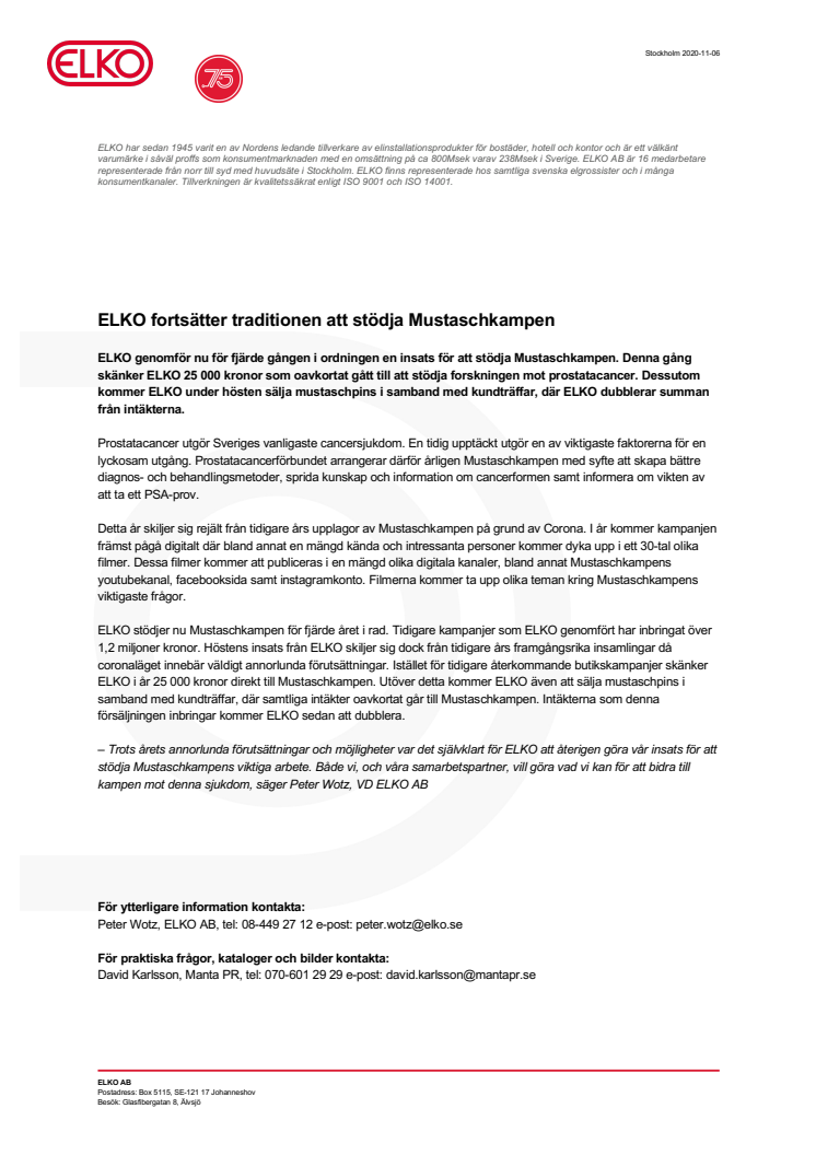 ELKO fortsätter traditionen att stödja Mustaschkampen